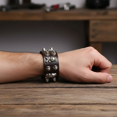 Pulsera Gruesa Calaveras Cafe Oscuro